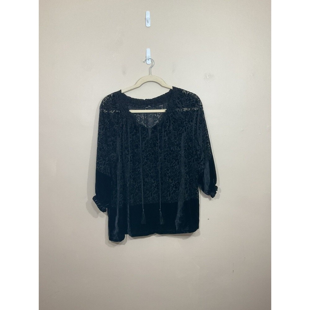 Womens Floral Velvet Burnout Peasant Shirt 1X Black Goth Witch Grunge Semi Sheer